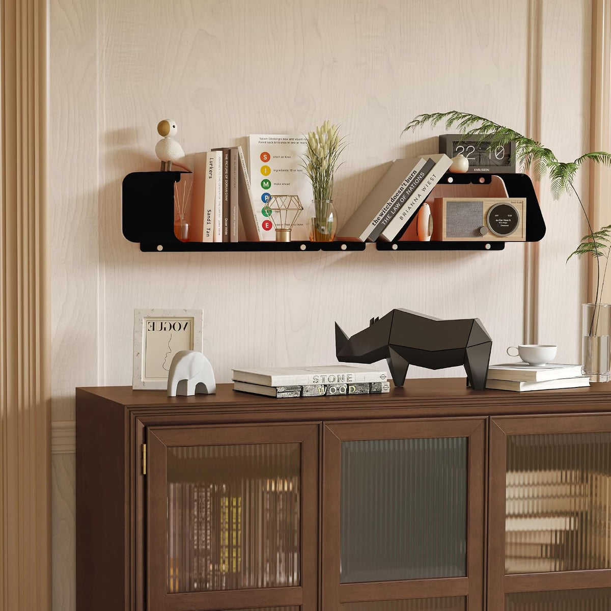 Sttoraboks Floating Shelves, Set of 3 Wall Mounted Metal Shelves with Unique Design for Wall Storage, Book Shelf, Display Shelves for Bathroom Bedroom Kitchen Living Room, Black