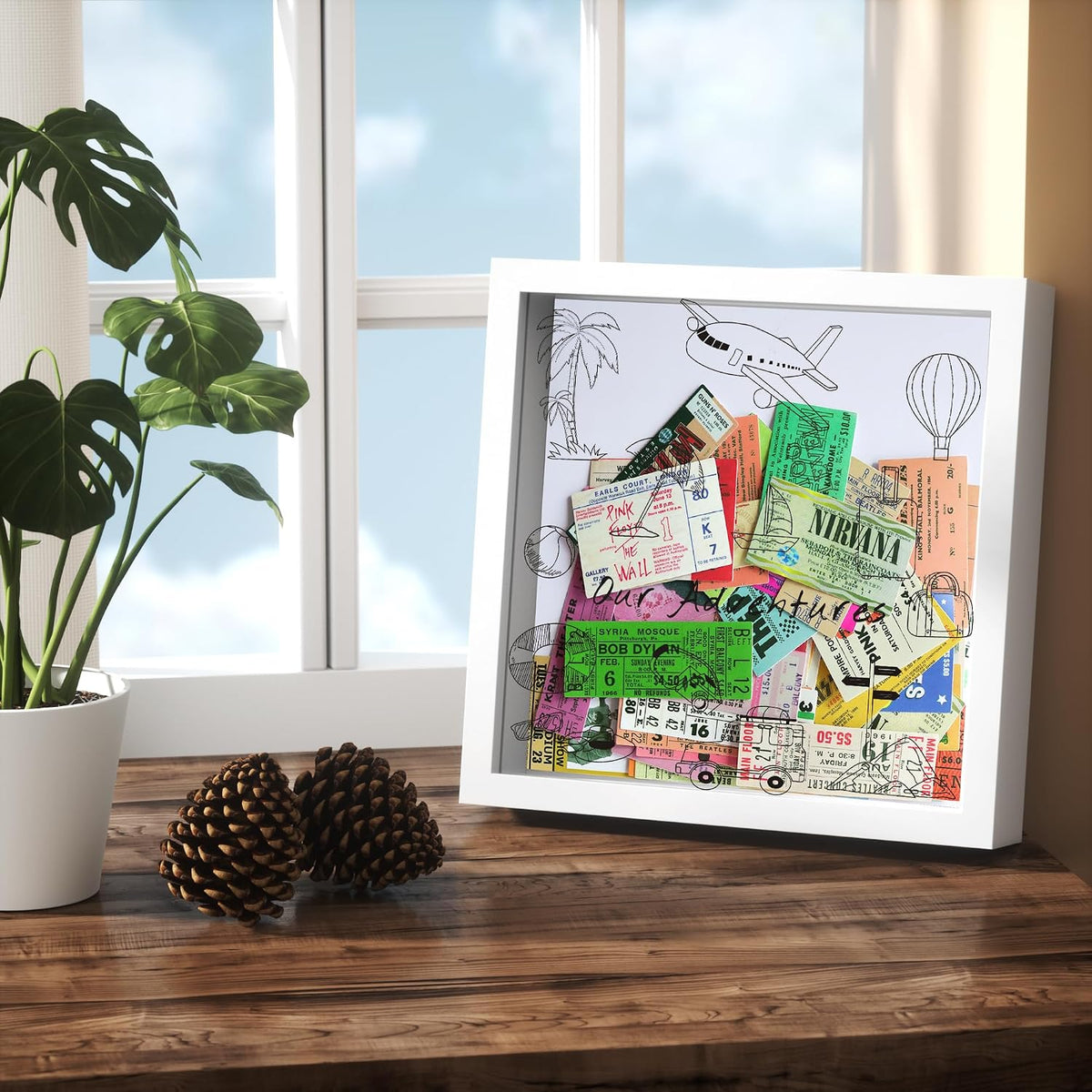 Jackma Travel Tickets Collection Shadow Box Frame, Funny Display Box for Collecting Tickets of Sporting Travelling Events – Piggy Bank Frame Memory Box with Slot on Top, White 12x12”