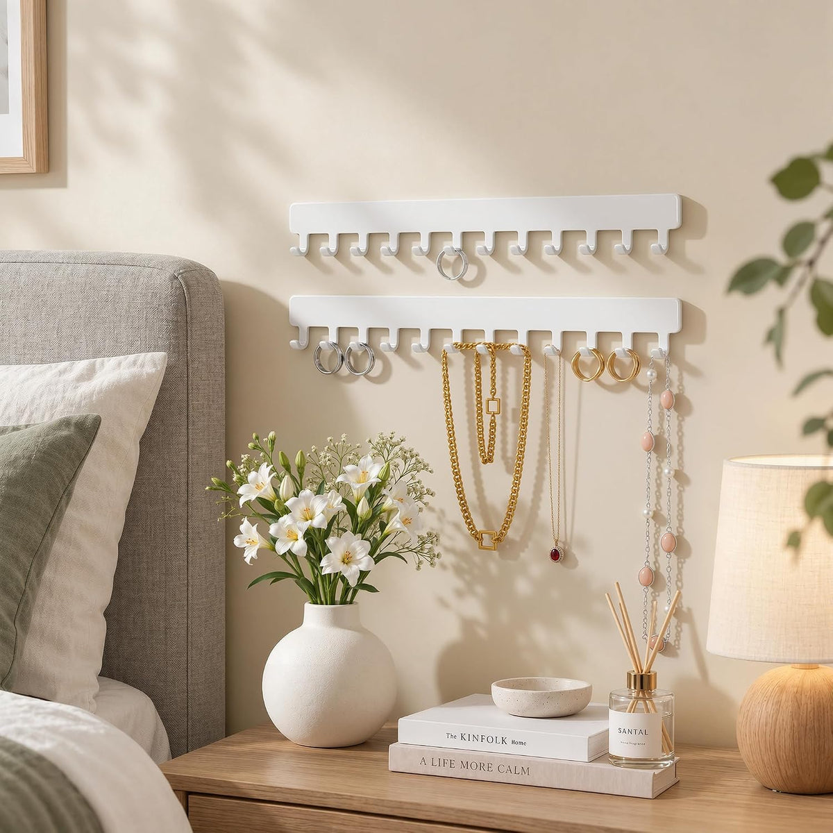 Self-Adhesive Necklace Holder, Wall Mounted Jewelry Organizer, White