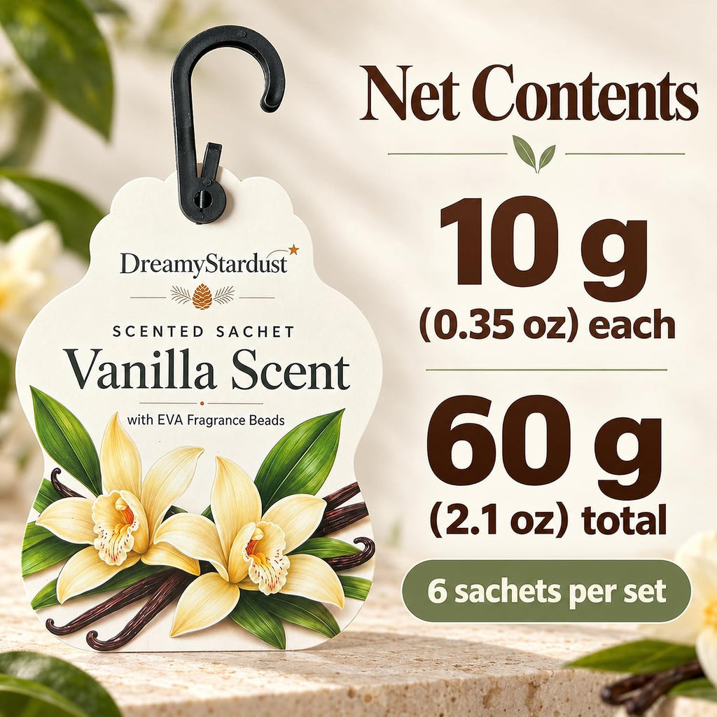 Vanilla Scented Sachets for Drawers & Closets, 6 Pack Hanging Fragrance Sachets with EVA Beads for Wardrobe, Car, Shoe Cabinet and Bathroom, 0.35 oz Each