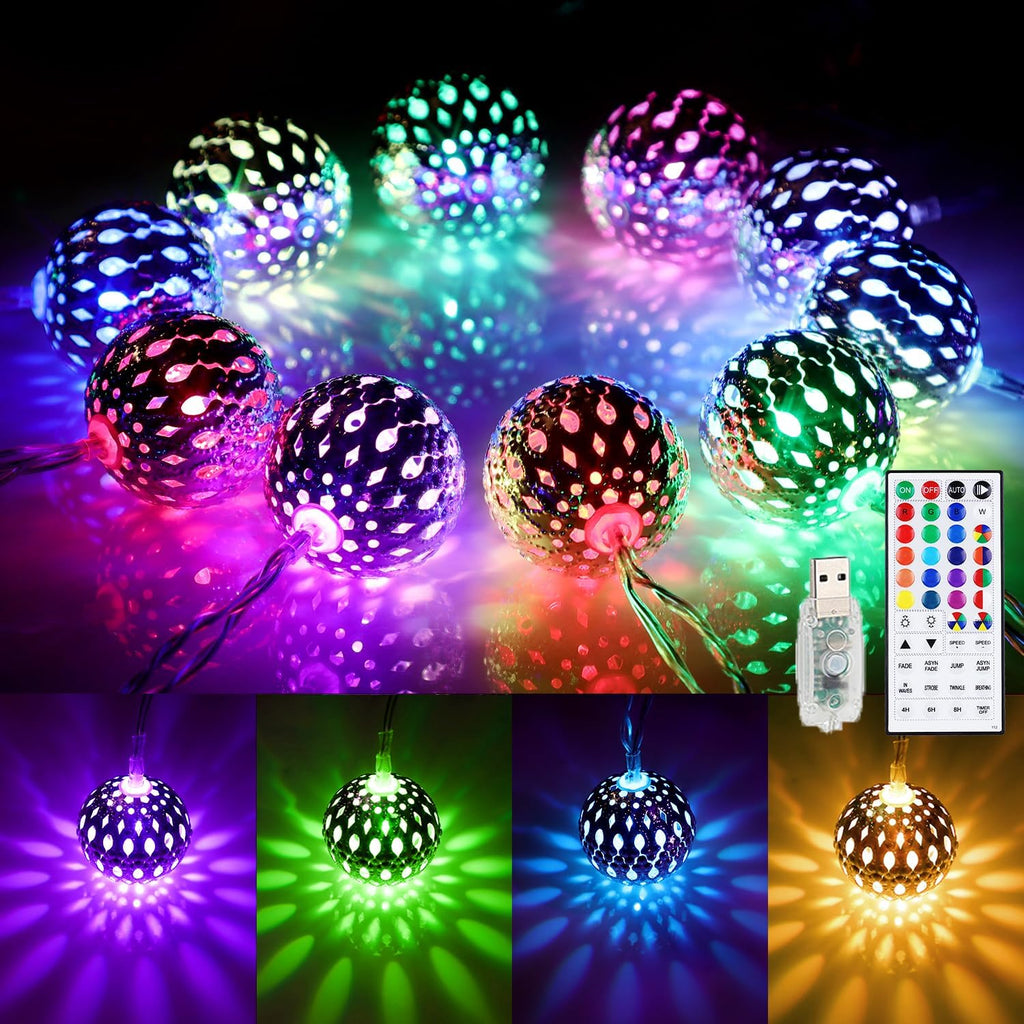 OMIKA 24 Colors Changing Globe String Light for Diwali Decor, 13ft 40 Silver Metal Balls LED Fairy Lights with Remote Timer Moroccan Orb Decorative Diwali Lights for Room Party Christmas Boho Décor