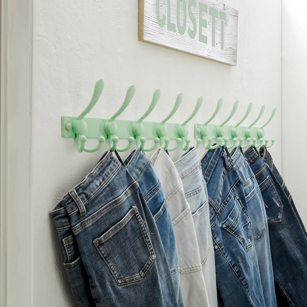 Dseap Coat Rack Wall Mount, Heavy Duty 12-Gauge Base vs Flimsy 1mm, Double-Thick Solid Anti-Snap Hooks, 16” Stud-Mount, Stainless Steel Hanger for Clothes Hat Entryway Closet, Green, Pack of 2