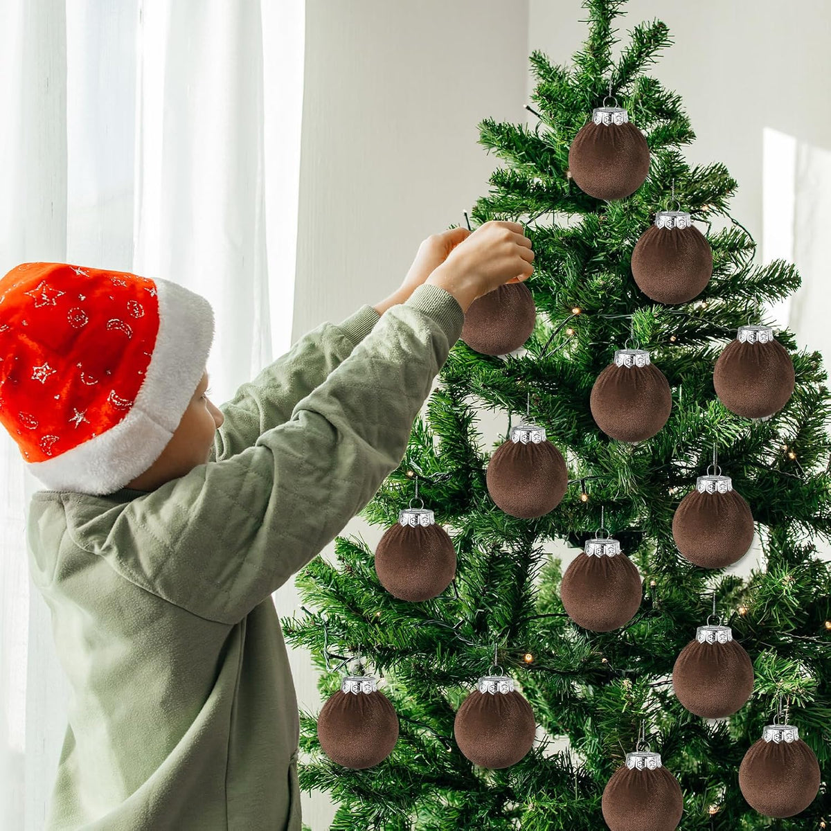 Velvet Christmas Balls Set 30pcs Dark Brown Velvet Christmas Tree Ornaments Shatterproof Xmas Hanging Balls Decorative Hanging for Xmas Holiday Family Home Store Indoor Decor 2.4inch