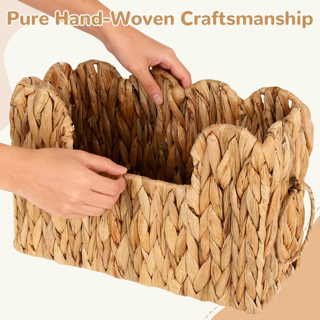 Scalloped Hand Woven Magazine Holder Natural Water Hyacinth Magazine Basket for Newspapers Books Files Decorative Boho Farmhouse Book Basket for Bathroom Living Room Home Office