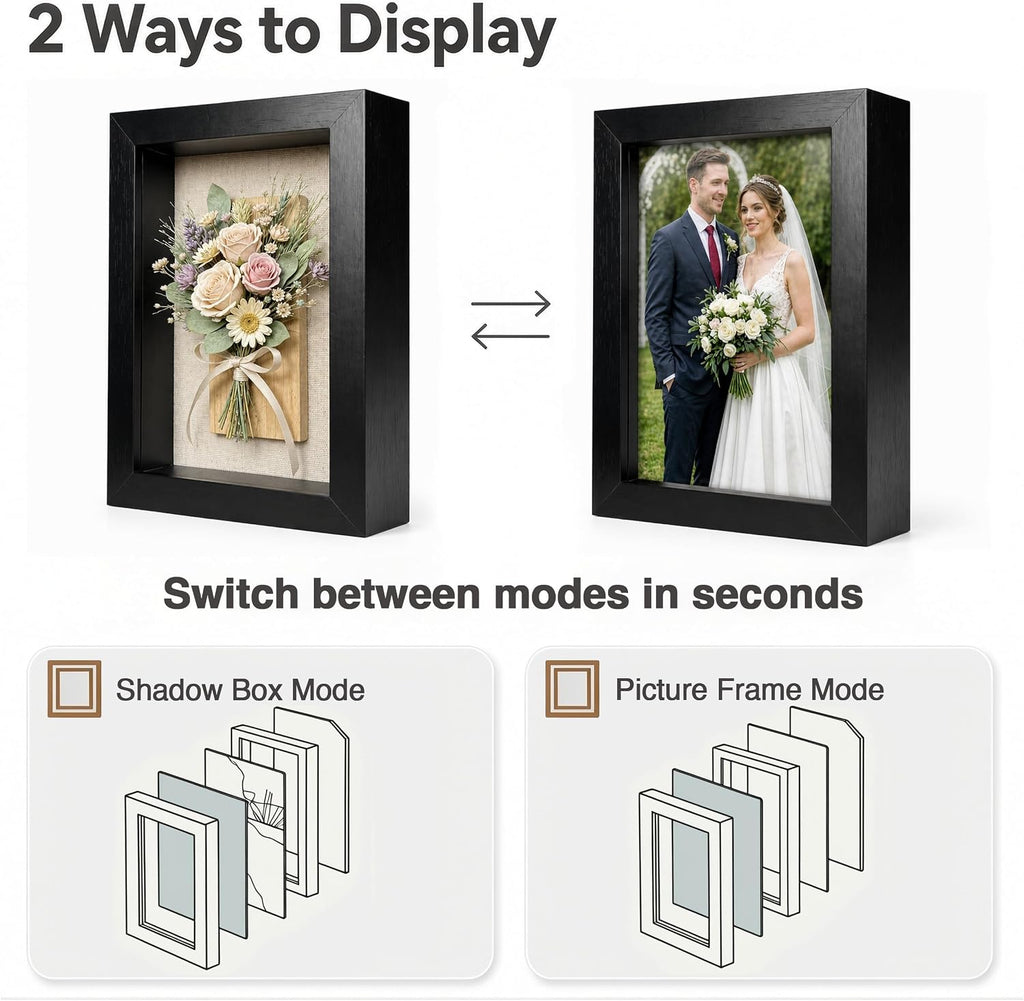 5x7 Shadow Box Picture Frame, 4-Pack Linen Back, Keepsake, Black