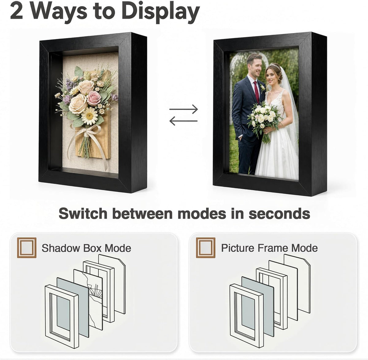 5x7 Shadow Box Picture Frame, 4-Pack Linen Back, Keepsake, Black