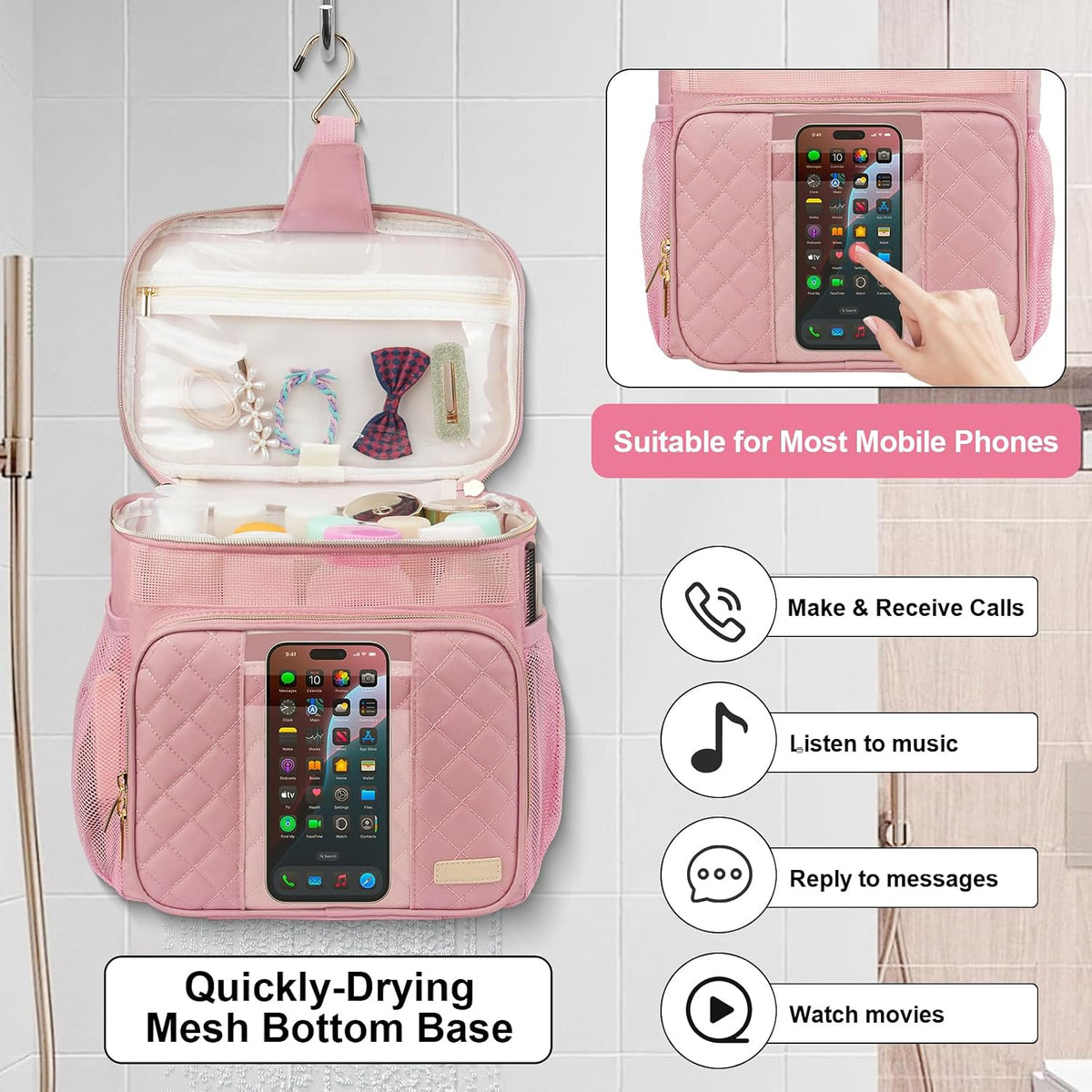 Portable Shower Caddy College Dorm Essentials (Full Size Bottle Compatible), Toiletry Bag for Women Men, Hanging Makeup Bag with Quickly Dry Mesh Base for Travel,Gym & Camping,Pink