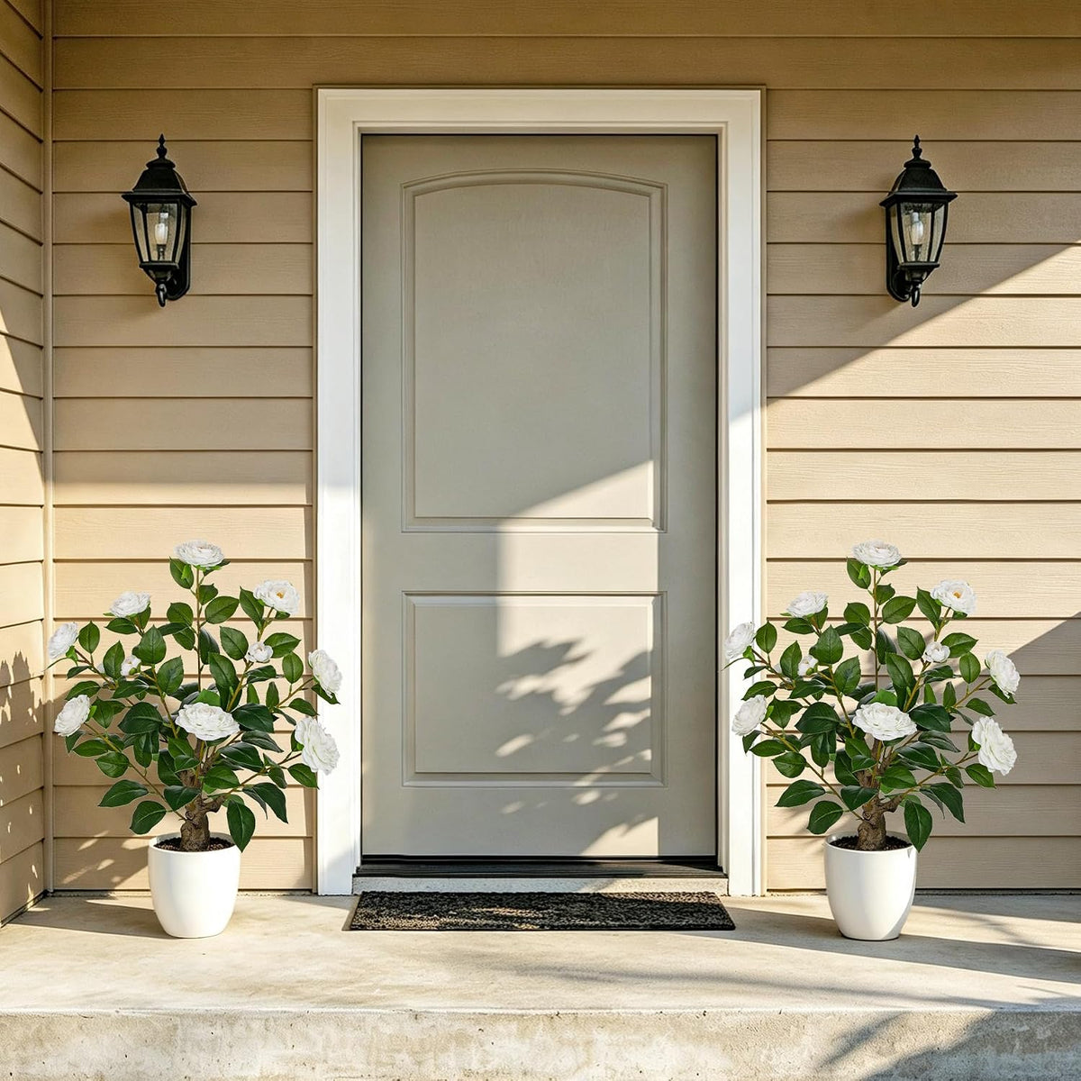 Hollyone White Artificial Camellia Tree 23.6" Flower Plants Artificial Tree Small Faux Camellia Plant in Pot Greenery Potted Plant for Indoor Outdoor Porch Front Door Office Home Decor