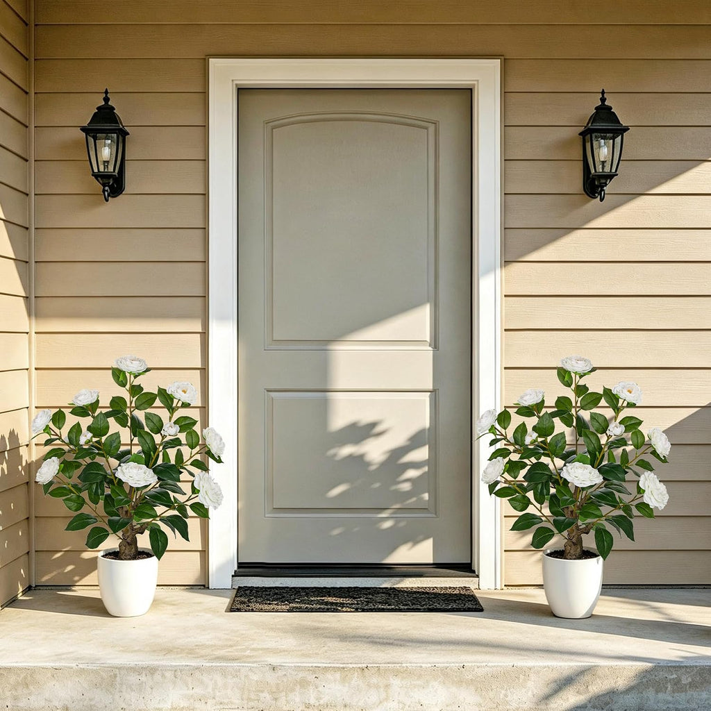 Hollyone White Artificial Camellia Tree 2Pcs Flower Plants Artificial Tree 23.6" Small Faux Camellia Plant in Pot Greenery Potted Plant for Indoor Outdoor Porch Front Door Office Home Decor