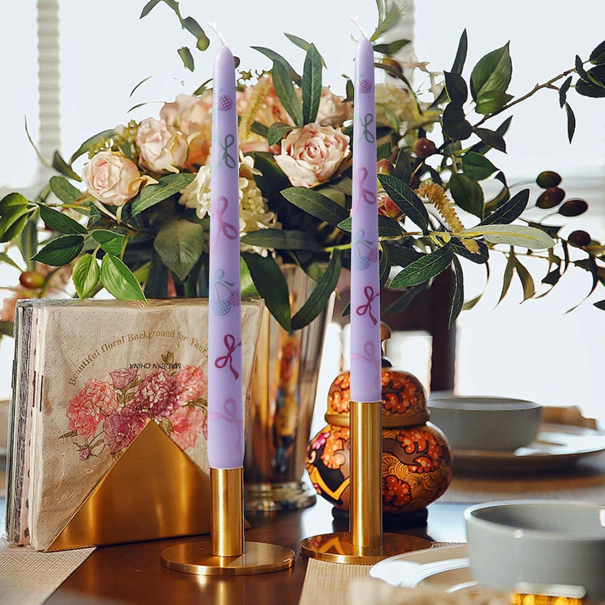 2 Pack Taper Candle 10 Inch Bow-Printed Candles,Candlesticks Unscented Dripless Tapered Candl Set for Decor Wedding Party Dinner,Valentine's Day,Various Festivals to Celebrate (Bow, Purple)