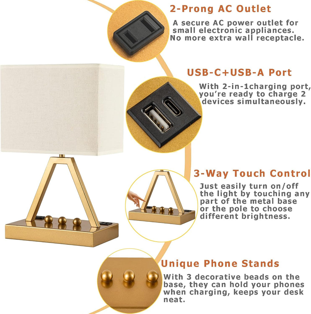 Touch Control Table Lamp with 2 USB Charging Ports & 1 AC Outlet, Dimmer