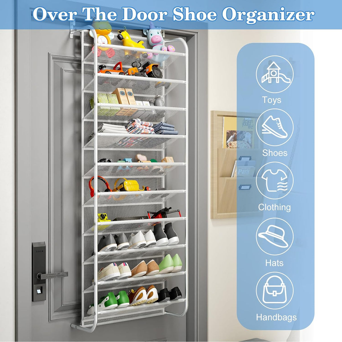 AQQHSAIN 10 Tier Over The Door Shoe Organizer Wall Shoe Shelf Shoe Holder Door Shoe Rack for Closet Pantry Hanging Shoes Clothes Toys Storage Shelves (White)