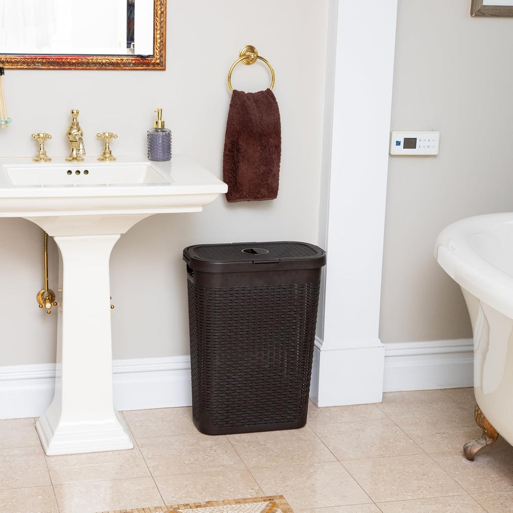 Mind Reader Slim Laundry Hamper with Lid, 40L Clothes Basket, Narrow Tapered Design with Ventilated Cutout Pattern, Plastic, Brown