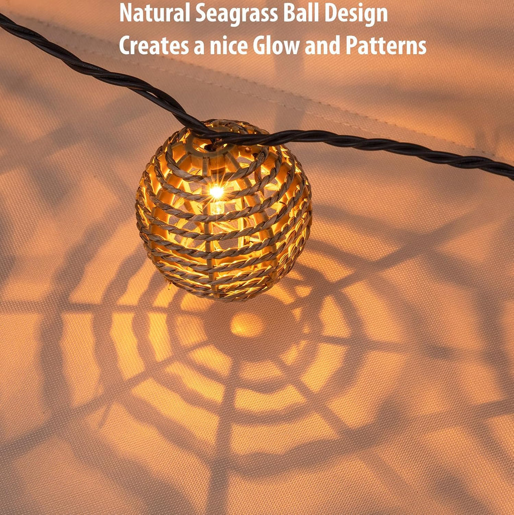 Decorative Outdoor Patio String Lights, Seagrass Rattan Wire Ball Style Lantern String Lights, Connectable Weatherproof Indoor Outdoor Globe Boho String Light for Home Pergola Garden Party Backyard