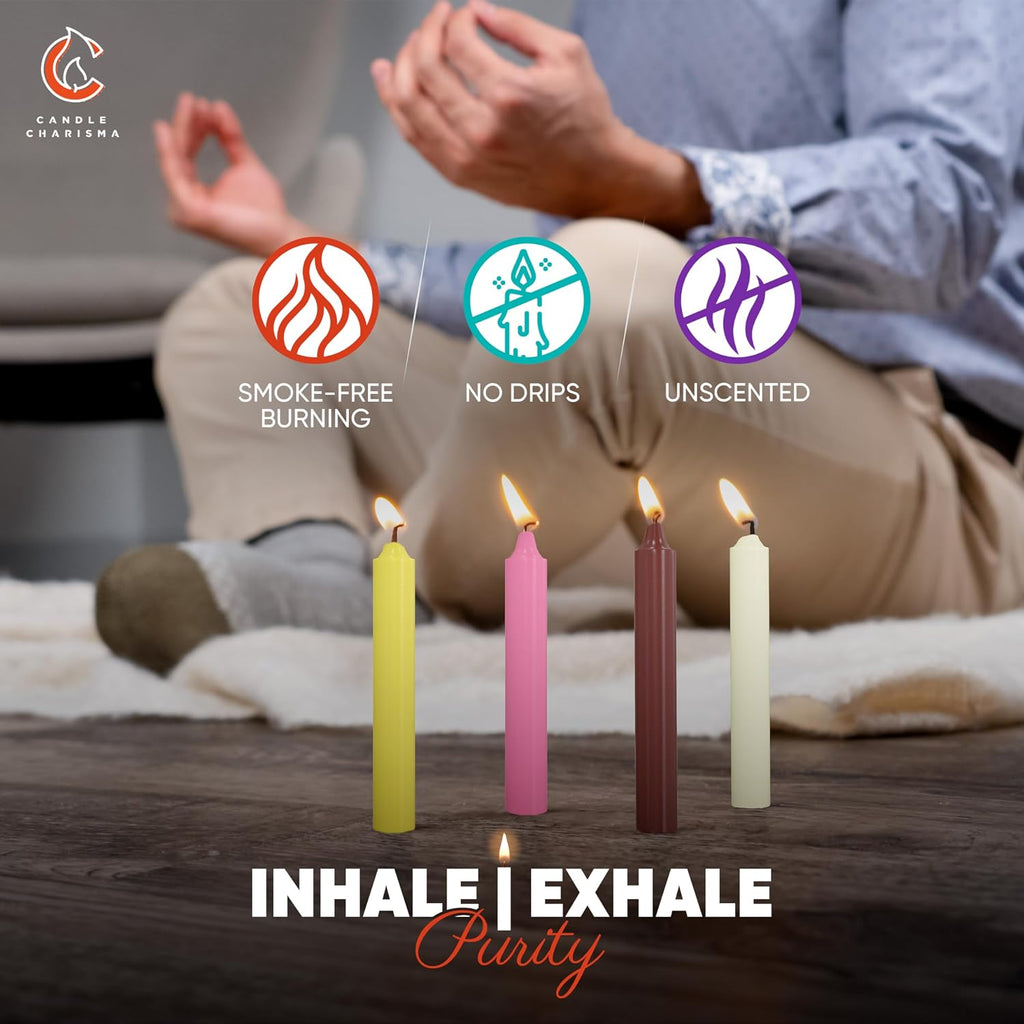Candle Charisma 100 Multi-Colored Spell Candles - 4" Unscented Paraffin Chime Candles, Smokeless & Dripless, Colored Candles, 1.5 Hours Burn Time 0.4" Thick Taper Candles for Parties