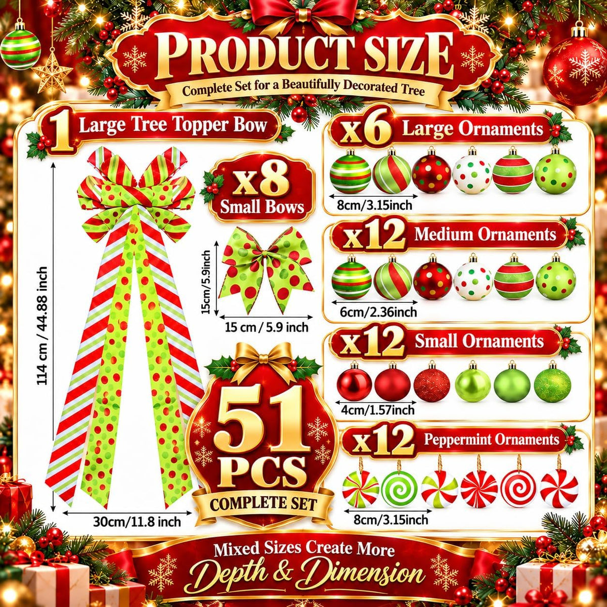 Christmas Tree Decorations Set,Christmas Ball Ornaments Glittering Plastic Hanging Decorations Elf Balls,Large Tree Topper Wreath Bow,Candy Peppermint Wood Ornaments (Red and Lime Green)