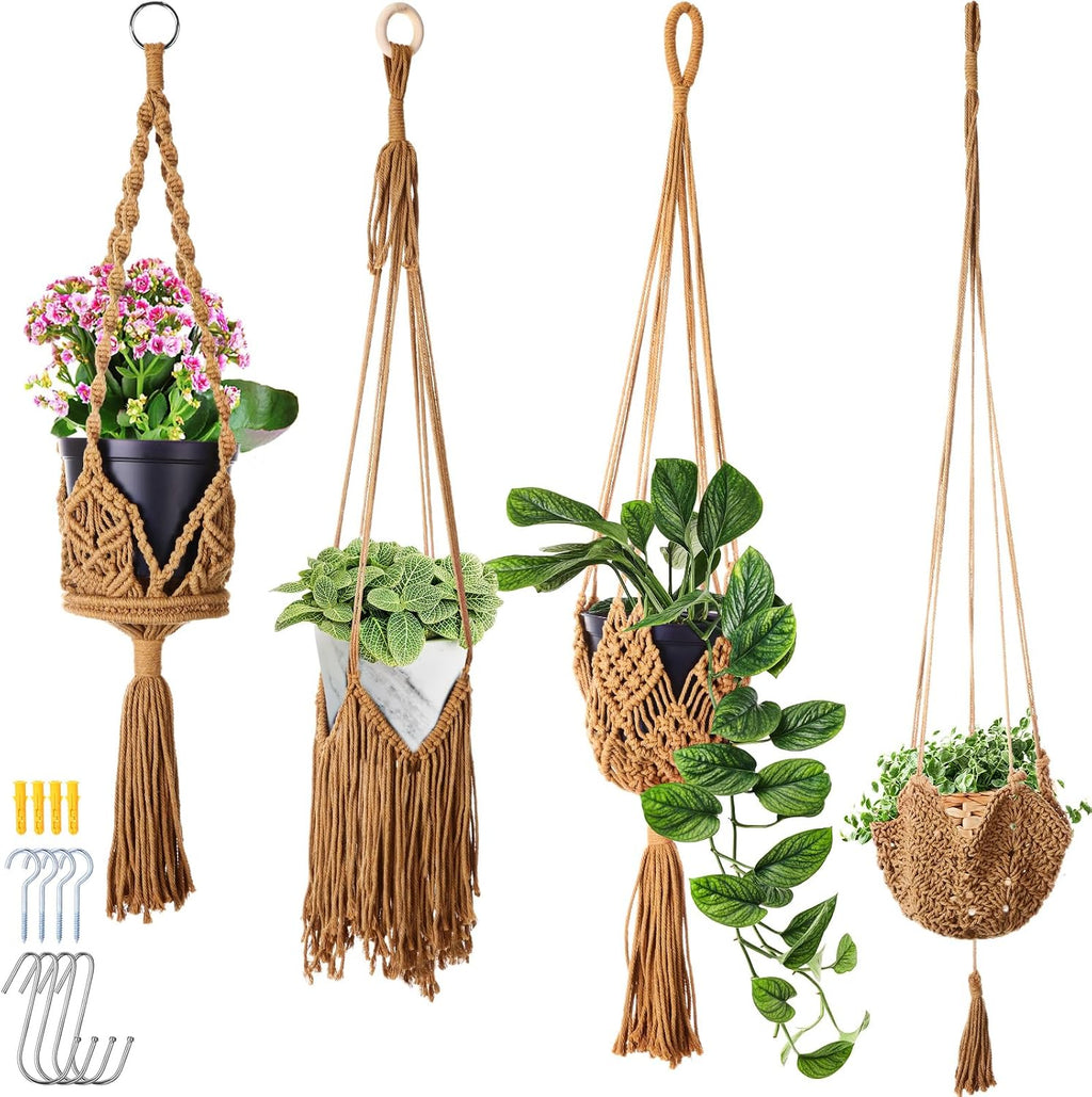 4 Packs Macrame Plant Hangers Indoor Hanging Planters, Brown