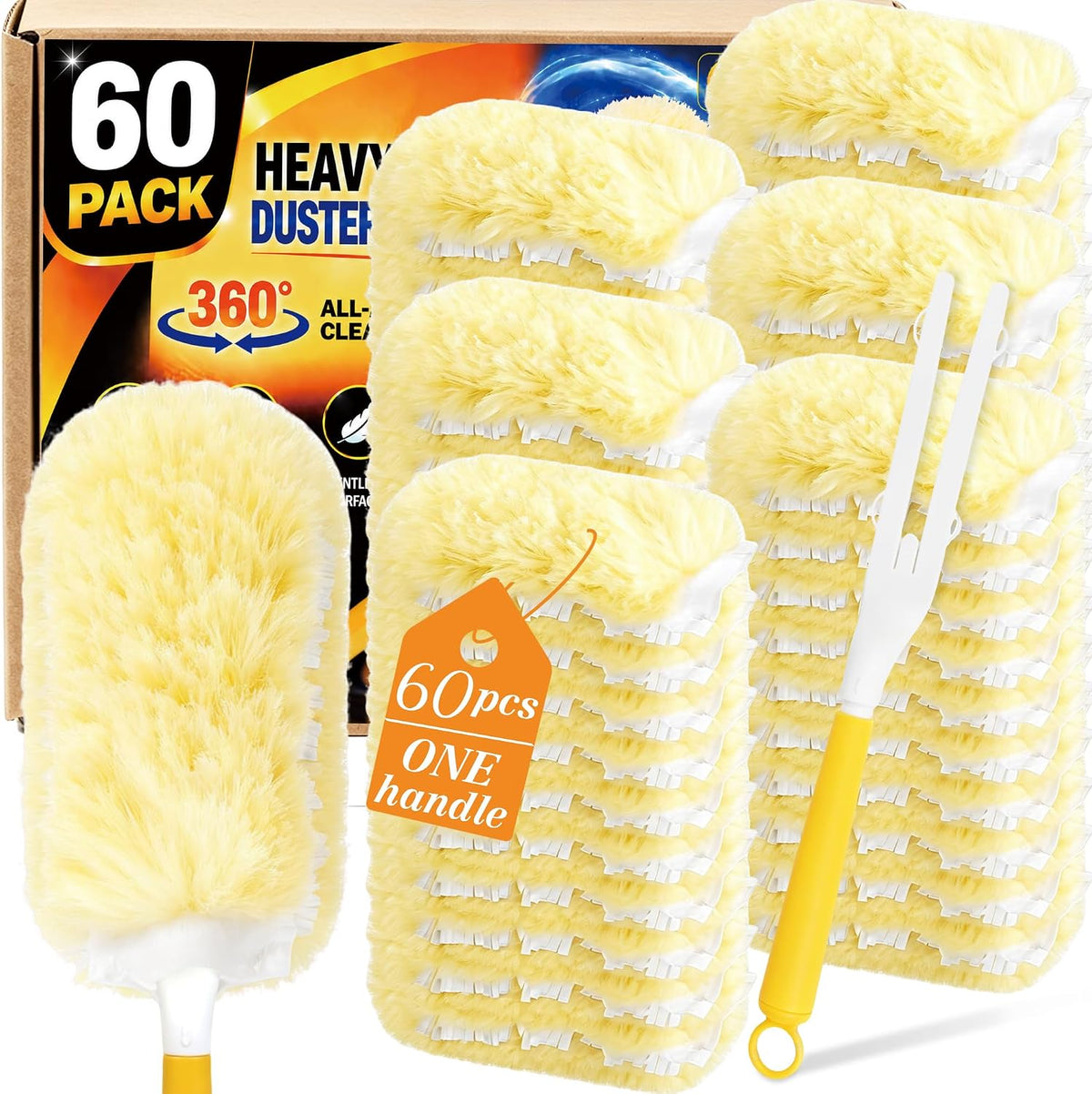 60PCS 360° Heavy Duty Duster Refills Compatible with Swiffer with 1 Handle