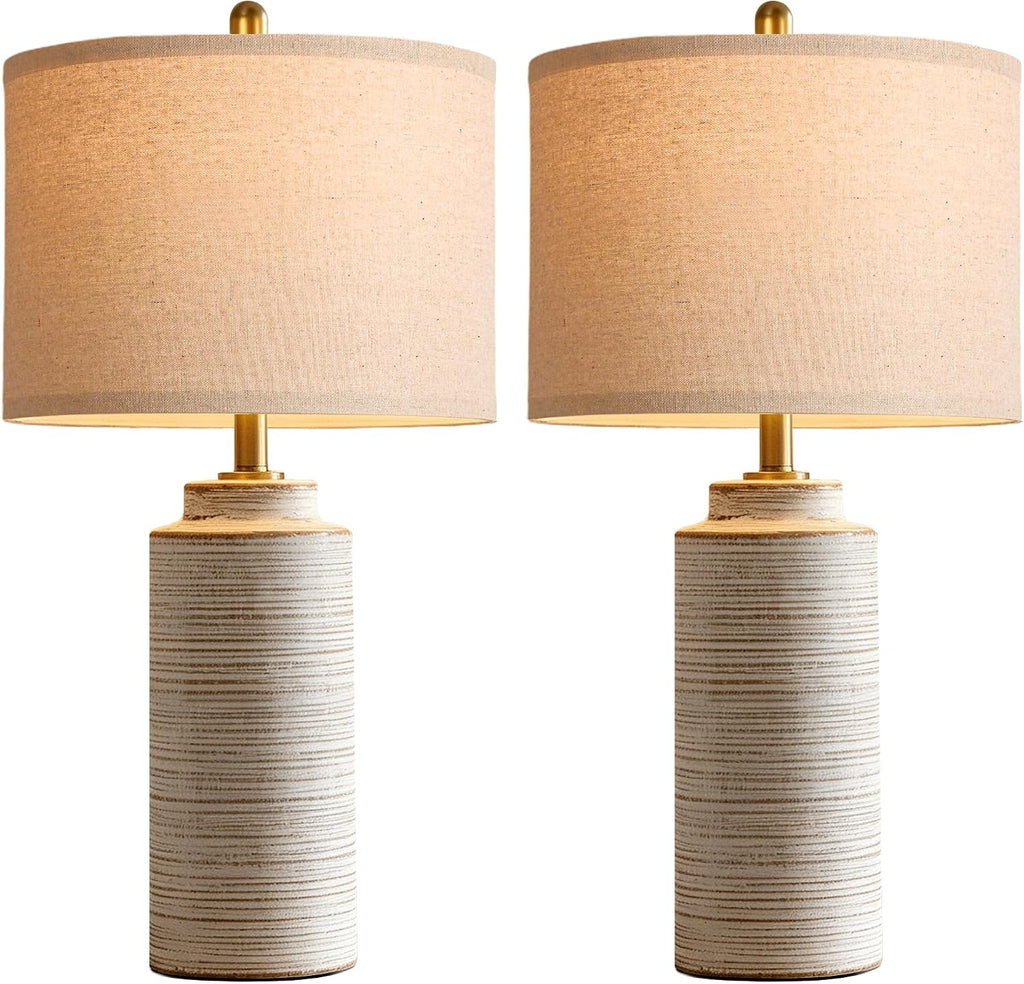 PARTPHONER 27" Vintage Ceramic Table Lamp Set of 2, Farmhouse Bedside Lamps with Ribbed Textured Finish, Rustic Nightstand Lamps for Living Room Bedroom End Tables Home Decor