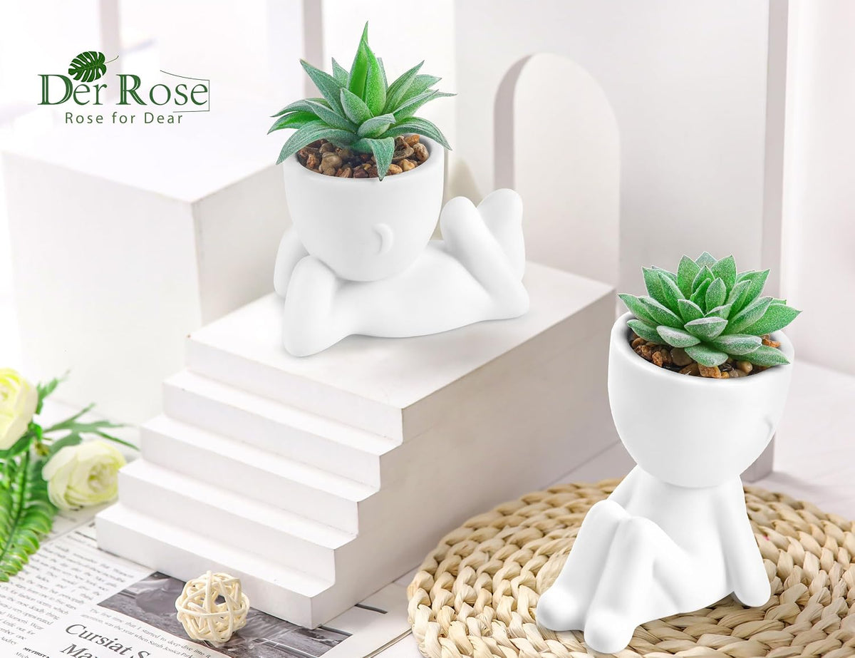 Der Rose 2 Pack Fake Succulents in White Human Pots for Desk Decor