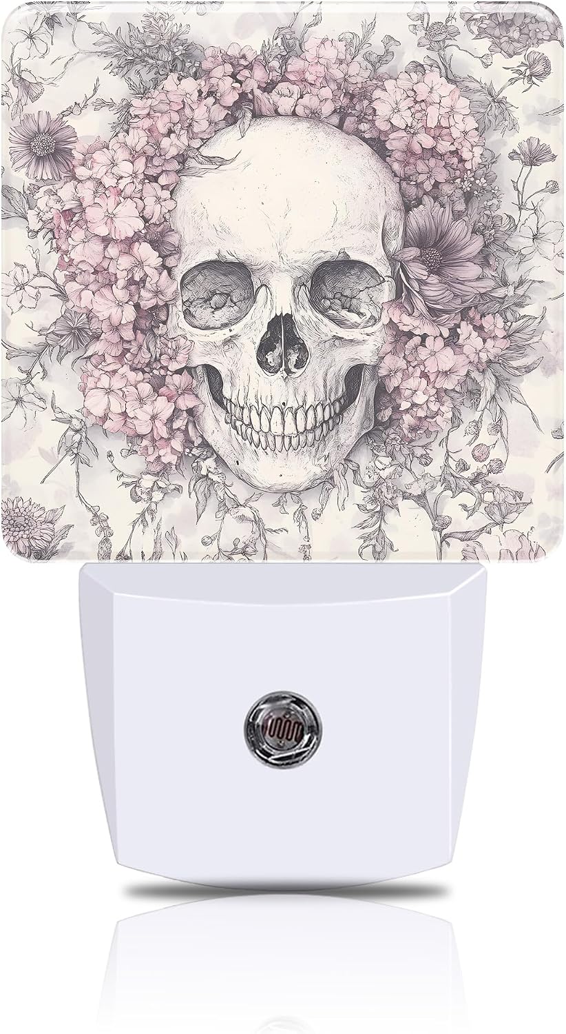 Skull with Pink Flowers Night Light, Plug-in Nightlight with Dusk to Dawn Auto Sensor for Home Bedroom Hallway Kitchen 0.5W Sleep Friendly Led Lamp for Women Men