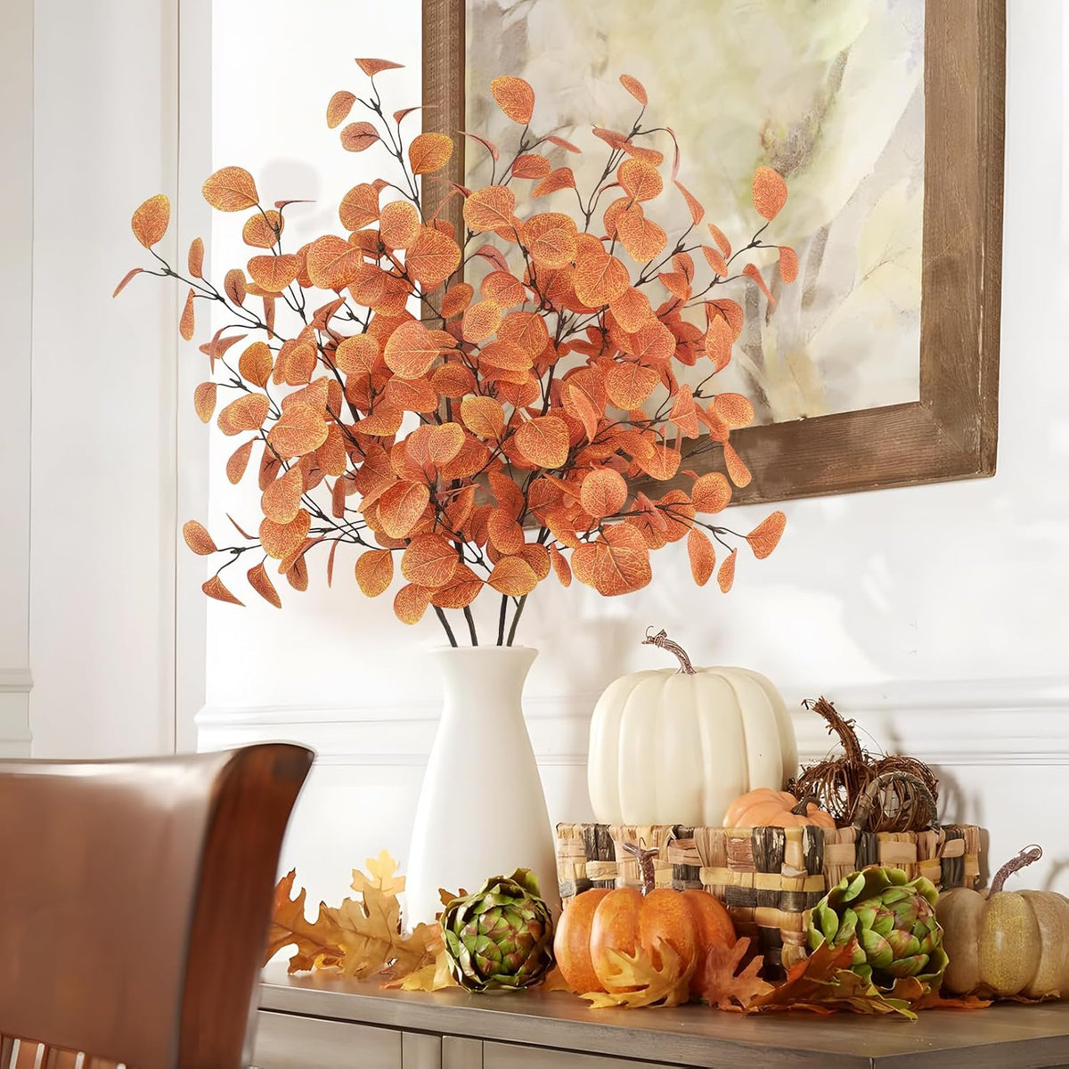 4Pcs Artificial Eucalyptus Leaves Stems 33.8‘’ Eucalyptus Branches Fake Poinsettia Flowers Faux Plants for Home Table Fireplace Party Wedding Thanksgiving Décor