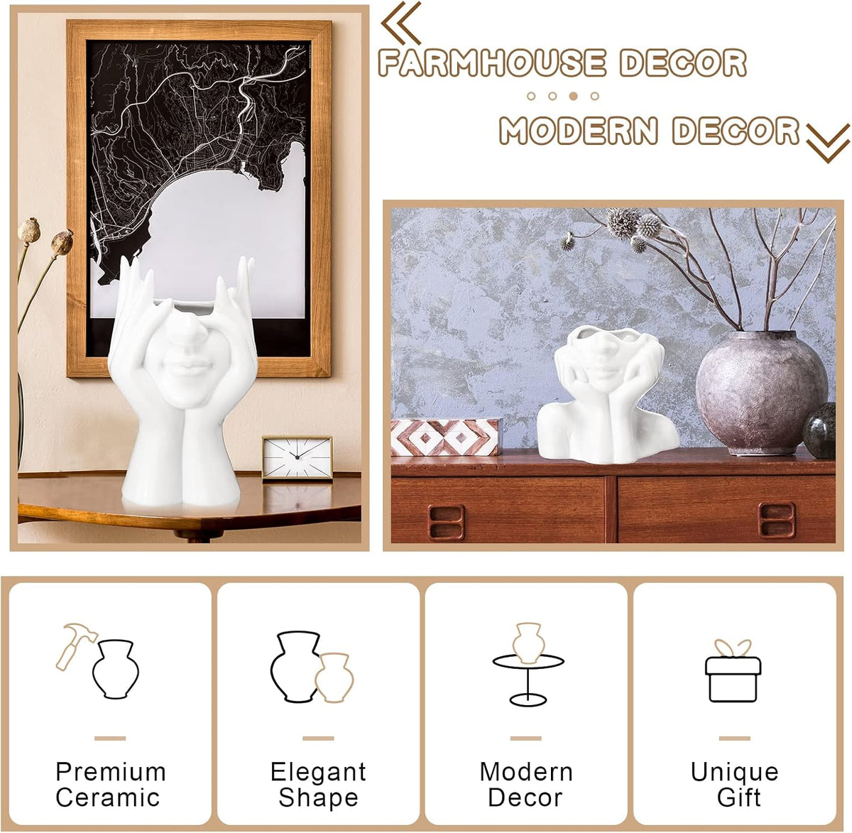 Sieral 3 Pcs Ceramic Face Vase Female Form Body Flower Vase, Small, White