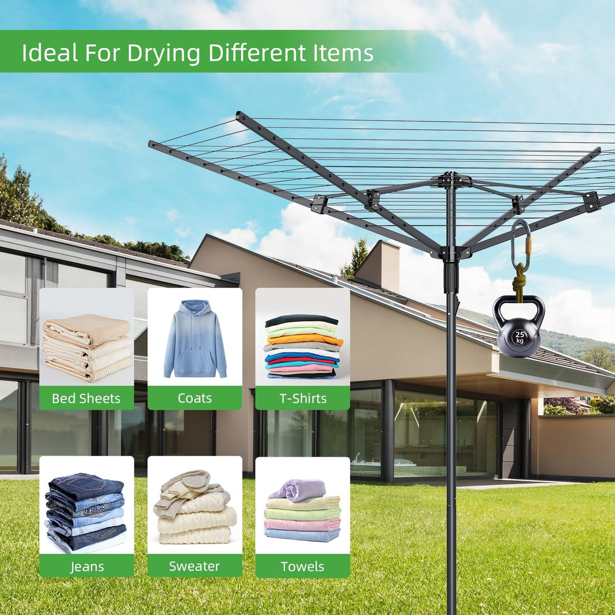 Heavy Duty Outdoor Umbrella Clothesline,12 Lines with 165 Feet Drying Space