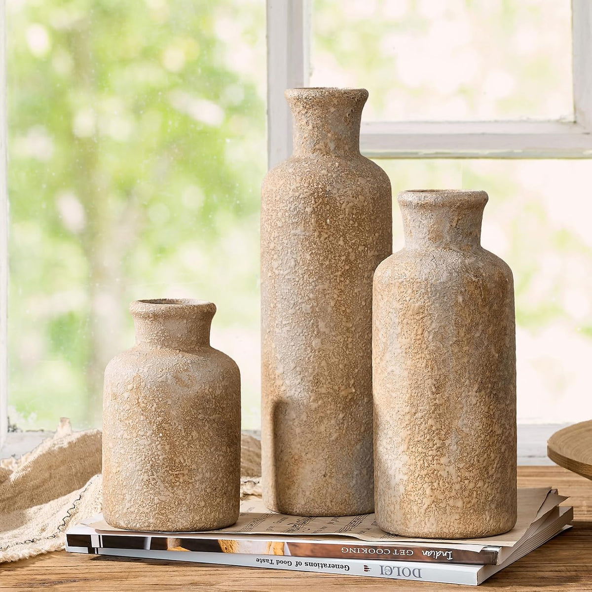Ceramic Rustic Farmhouse Vase Set of 3,Terracotta Vases for Home Decor
