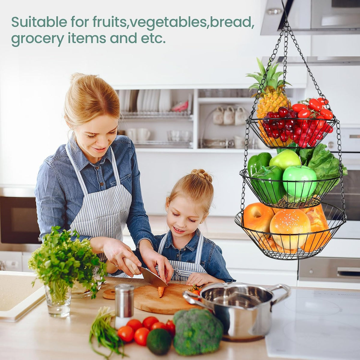Maxdot 2 Pack 3-tier Hanging Fruit Basket with Sturdy Metal Chain Hanging Wall Fruit Basket for Kitchen Heavy Duty Wire Storage for Potatoes, Onions, Oranges, Bananas, Limes, Lemons