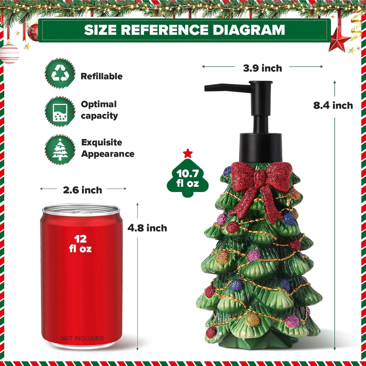 Christmas Soap Dispenser, Xmas Festive Tree Hand Soap Dispenser, 10.7 fl oz Resin Dish Soap Bottle, Christmas Decorations for Bathroom/Kitchen, Cute and Funny Gifts for Women/Mom