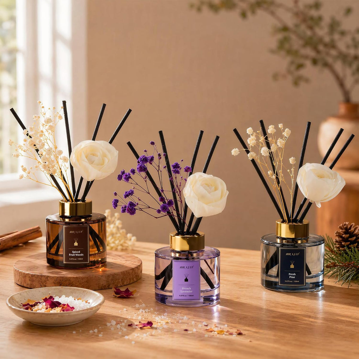Airkeep Flower Reed Diffuser Set, French Lavender Diffuser Set, 5.07 Fl.oz (150ml), Home Fragrance, Bathroom, Bedroom & Home Décor, Air Freshener