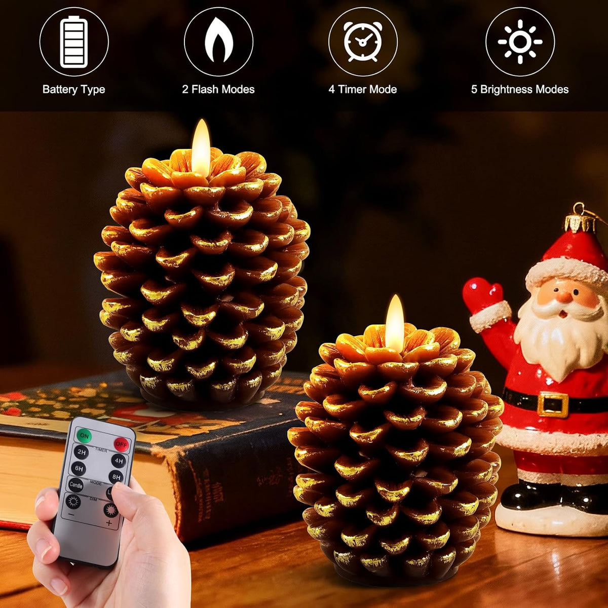 Verdenu 2 Pack Flameless Pine Cone Candles with Remote Timer