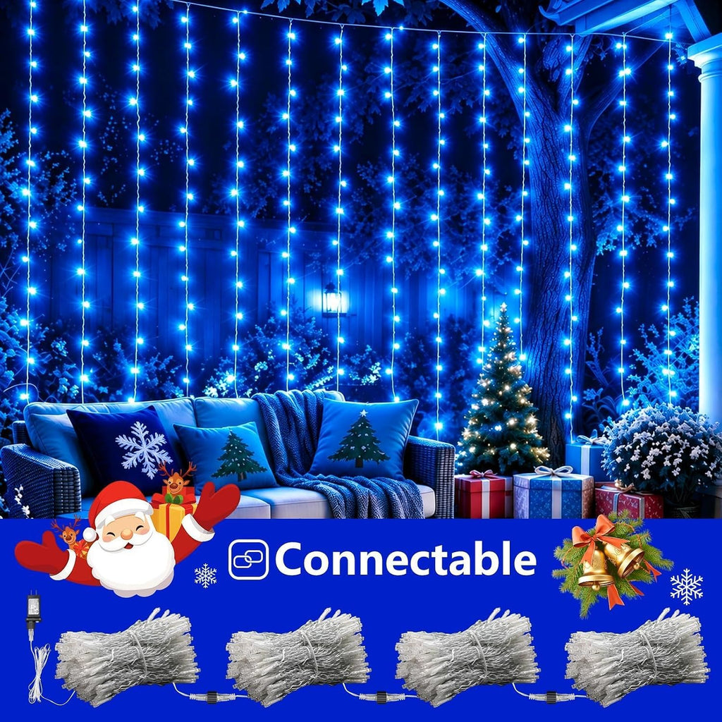 YEGUO 300 LED Blue Christmas Lights, Curtain Lights Plug in, 8 Modes Hanging String Lights for Bedroom Wall Window Backdrop Indoor Outdoor Party Xmas Decorations-9.8x9.8ft