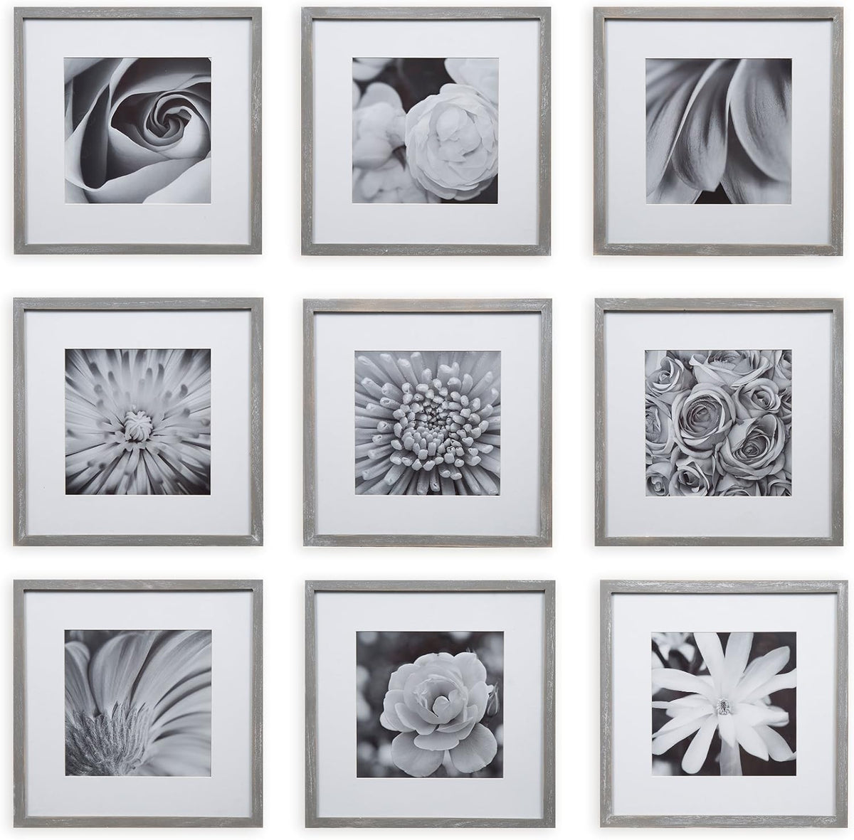 GALLERY PERFECT 12x12 Picture Frames, 9 Piece Set with Real Glass Cover for 8x8 Photos With Mat, Picture Frames Collage Wall Decor for Gallery Wall, Home Decor, Grey