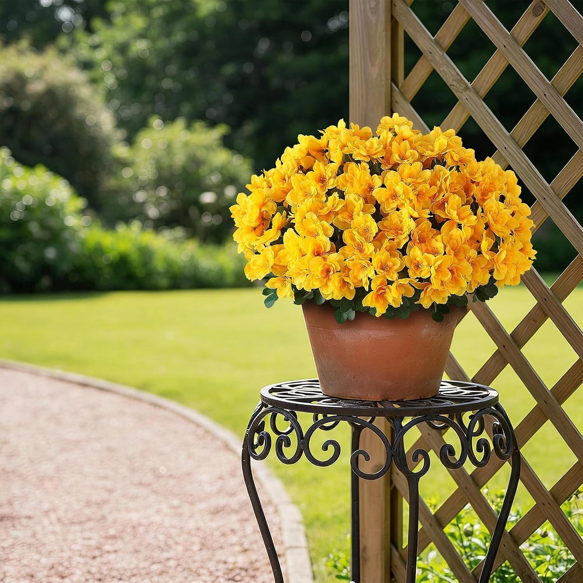 8 Bundles 16" Artificial Azalea Flower Bouquet for Front Door(Yellow)