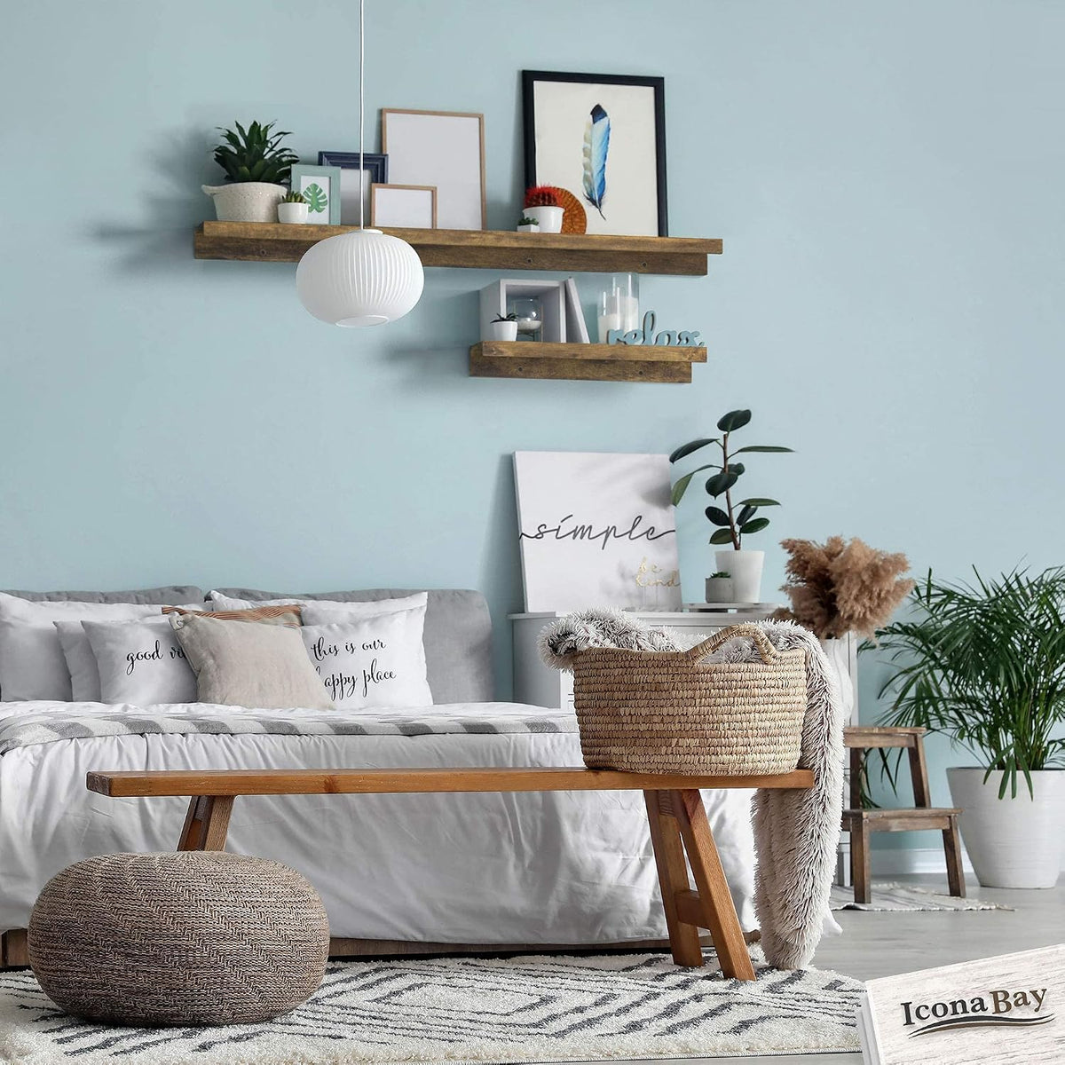 Icona Bay 16 Inch Floating Shelves for Wall - Set of 3 in Walnut Brown - Modern Rustic Style - Wall Mounted Display Shelves - Picture Ledges