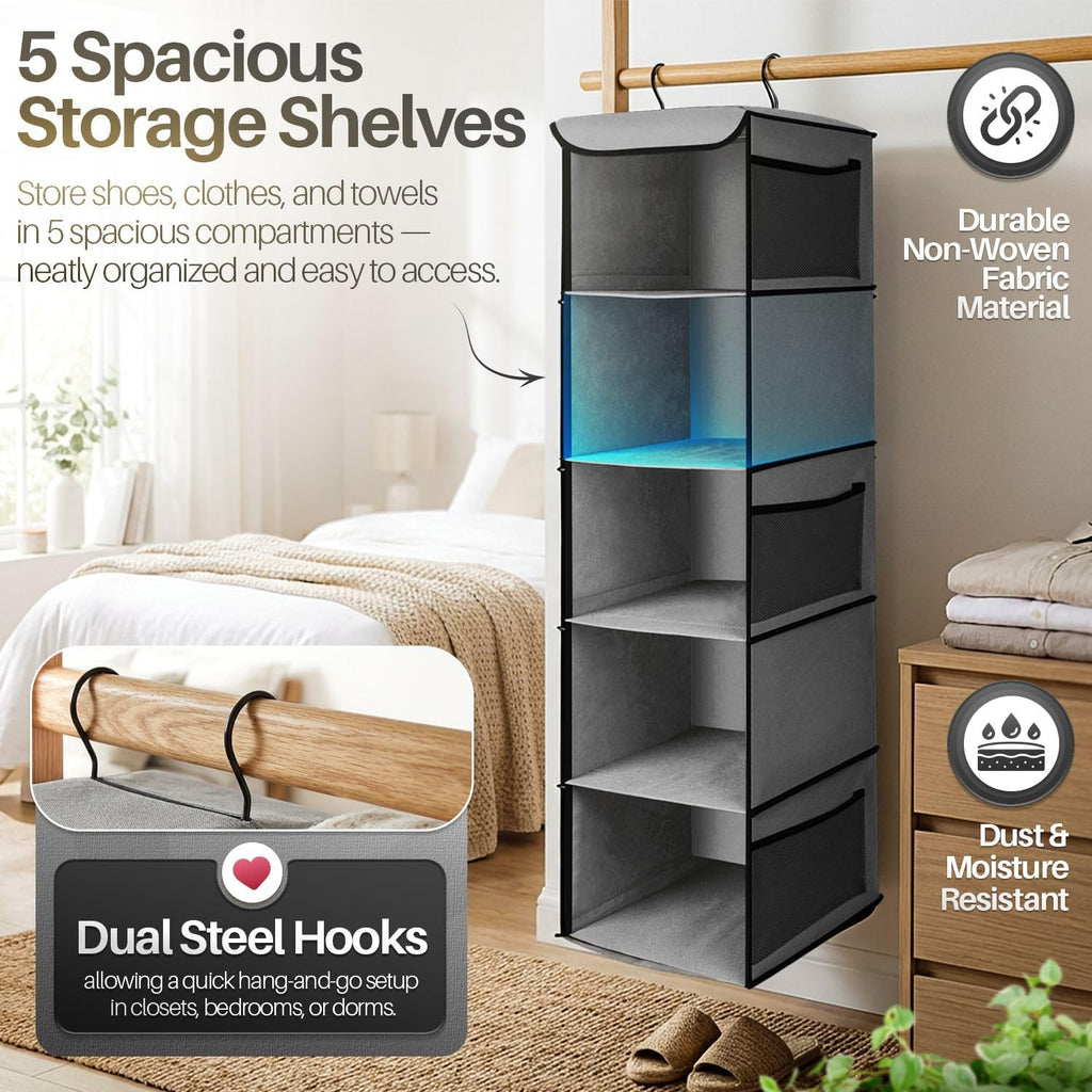 Flexzion 5-Shelf Fabric Hanging Closet Organizer, 11.9-Inch Wide, Brown