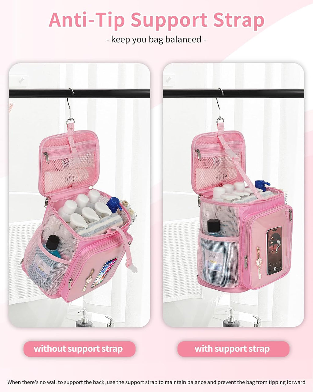 CUBETASTIC Mesh Shower Caddy Bag Portable - Large Capacity Shower Bag with Waterproof Phone Pocket & Sturdy Hook, Dorm Shower Caddy for Travel, Gym, College Essentials for Women & Men (Pink, M)
