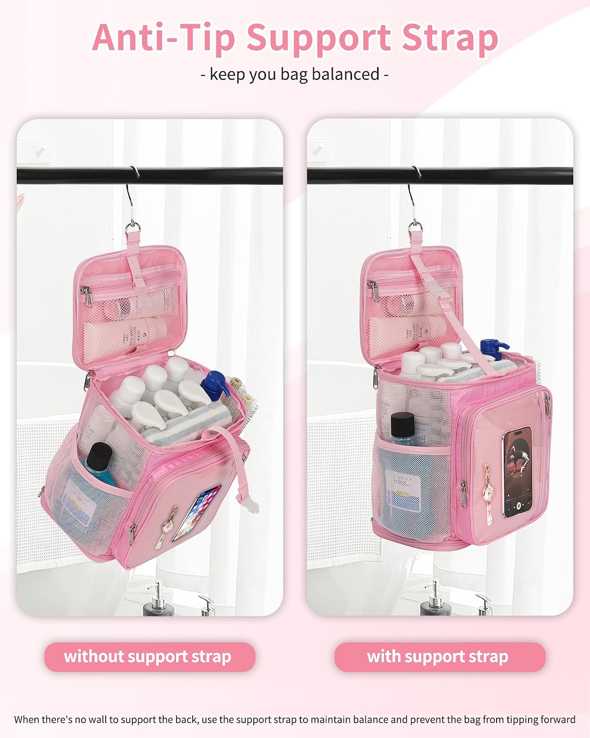 CUBETASTIC Mesh Shower Caddy Bag Portable - Large Capacity Shower Bag with Waterproof Phone Pocket & Sturdy Hook, Dorm Shower Caddy for Travel, Gym, College Essentials for Women & Men (Pink, M)