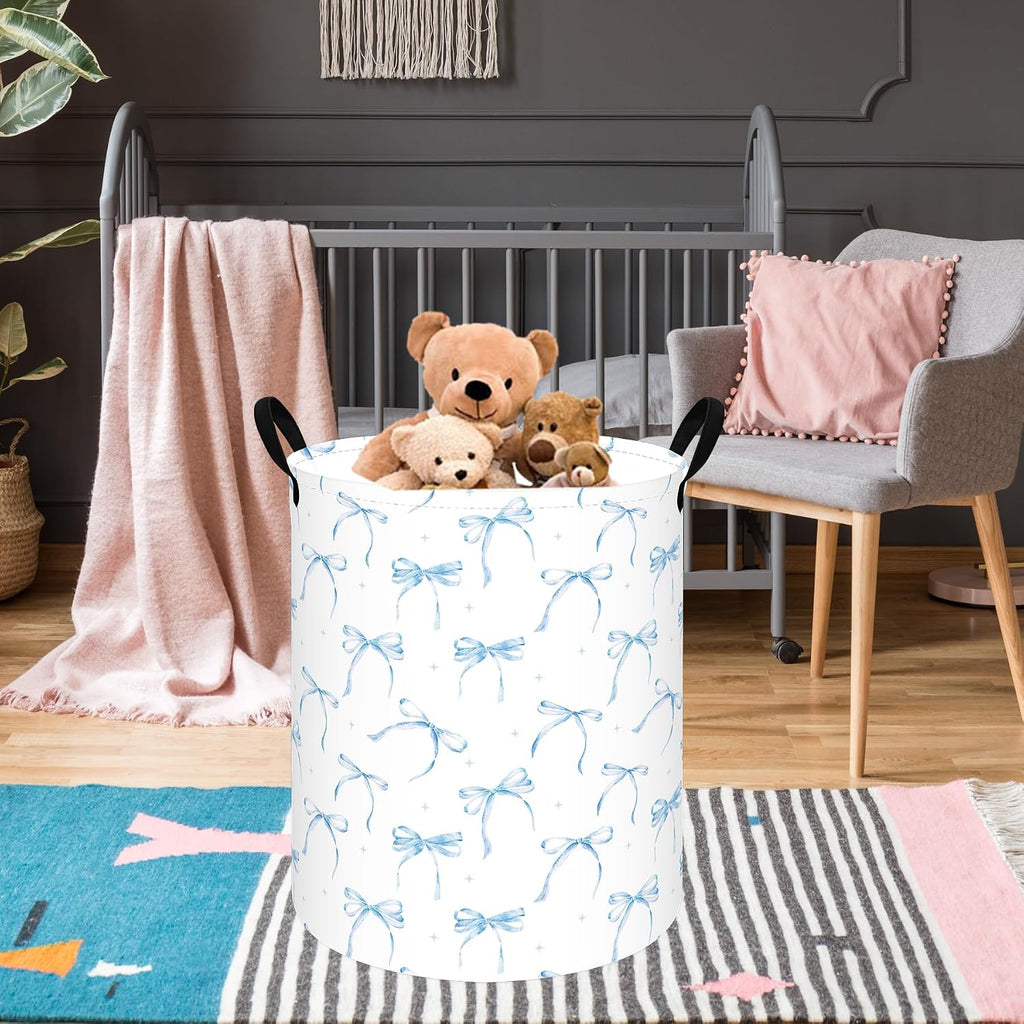 Blue Bow Laundry Hamper for Girls Room, Foldable Toy Storage Basket