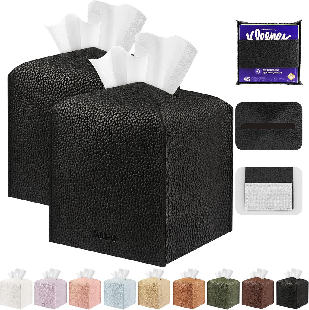 Tissue Box Cover Holder Square Tissue Cube Cover PU Leather Tissue Organizer with Bottom Belt for Bathroom, Tabletop, Car, Night Stands, Office, Home, Kitchen (2, Black)