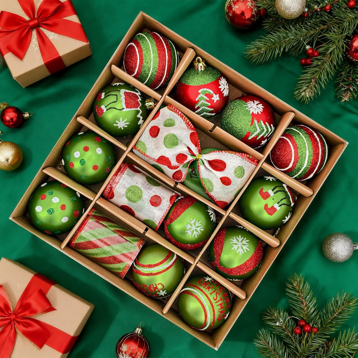 Christmas Tree Ornaments, 18 PCS Christmas Decorations Set with Red and Green Hanging Balls & Christmas Bows & Ribbon, Shatterproof Bulbs for Navidad Tree Decor and Holiday Party