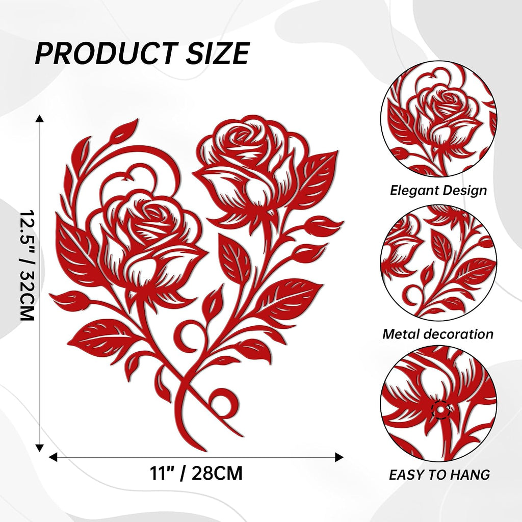 Heart Wall Decor with Metal Roses, Red Metal Flowers,12.6x11 Inch