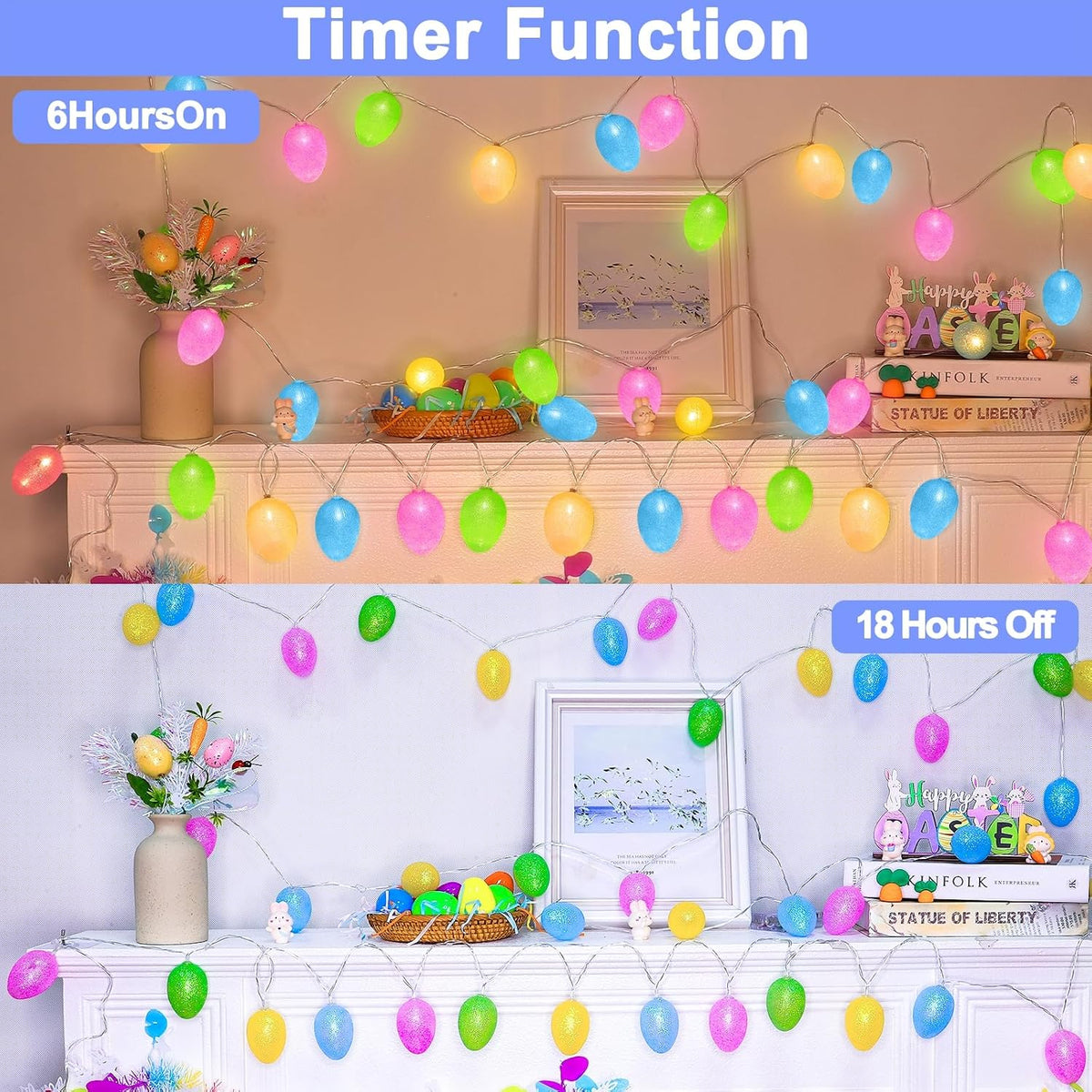 Easter Decorations Easter Lights String, 10FT 20LED Egg Light with Timer, Colorful Eggs String Lights Battery Operated Fairy Lights Garland Easter Decor for Home Bedrooms Window Tree Indoor Outdoor