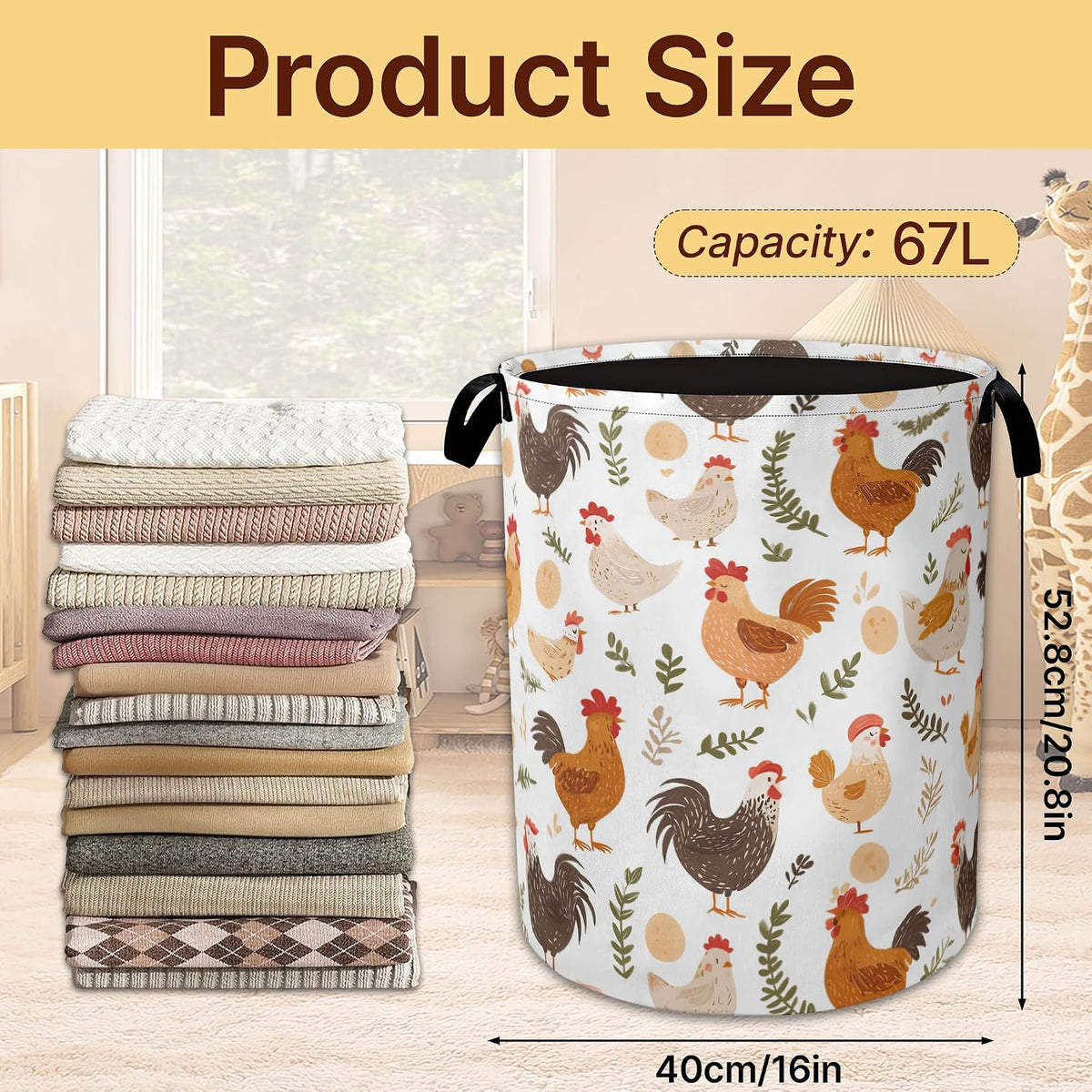 Laundry Hamper Foldable with Handles,Chicken Farm Oxford Cloth Laundry Basket,Rooster Grass Storage Organizer for Bathroom Bedroom Dorm 16"x20.8"