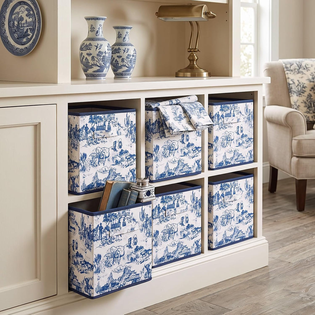 SiliFine 6 Pcs Blue Toile French Country Cube Storage Bins, 11 Inch