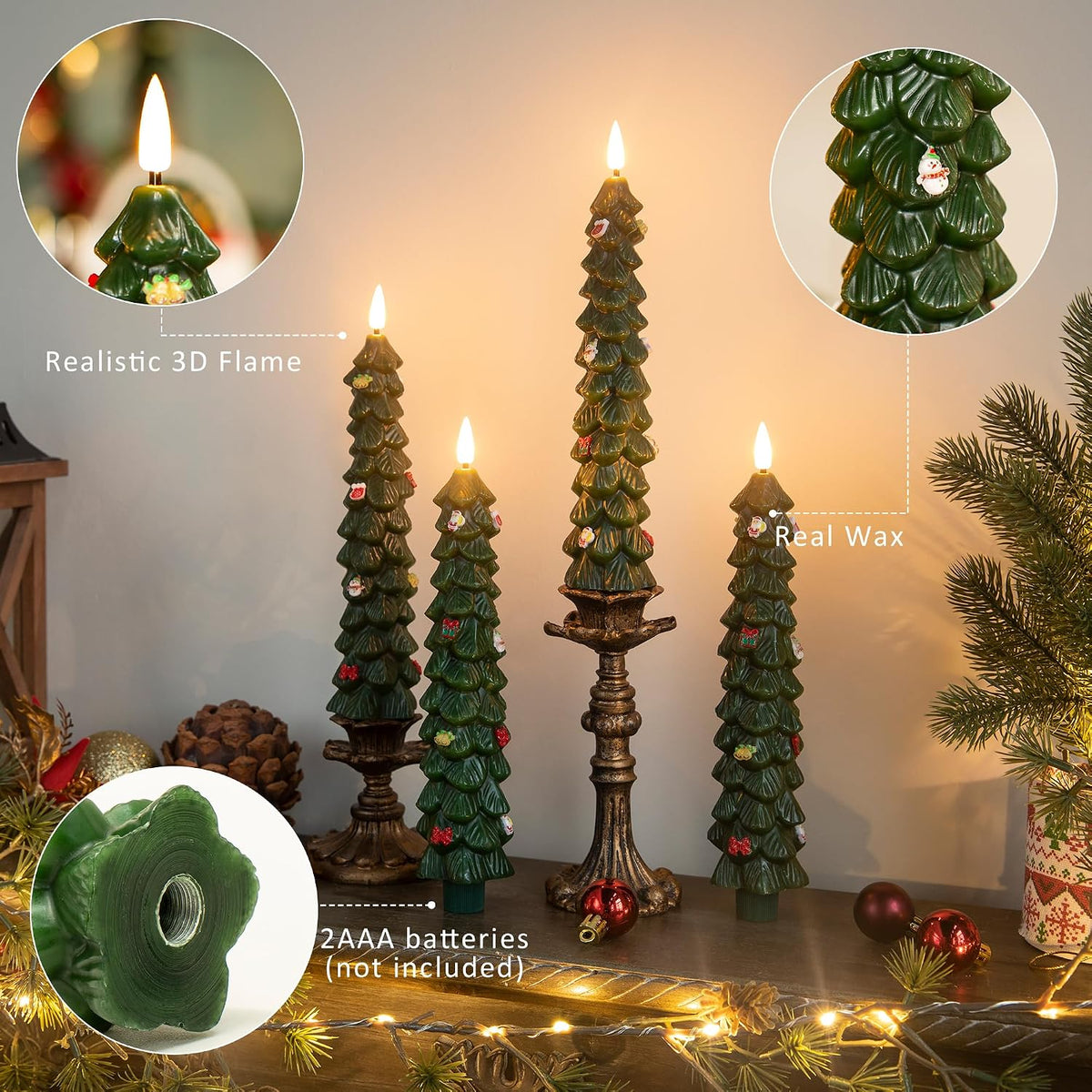 LUSHARBOR Christmas Tree Candles, 4 Pack Flameless Taper Candles 9.8"