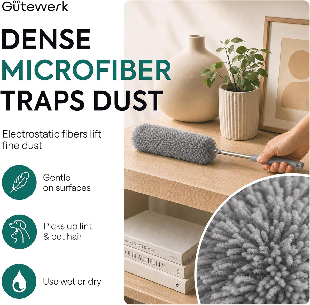 Gütewerk Extendable Microfiber Duster, 360° Bendable Head, 55 Inch Grey