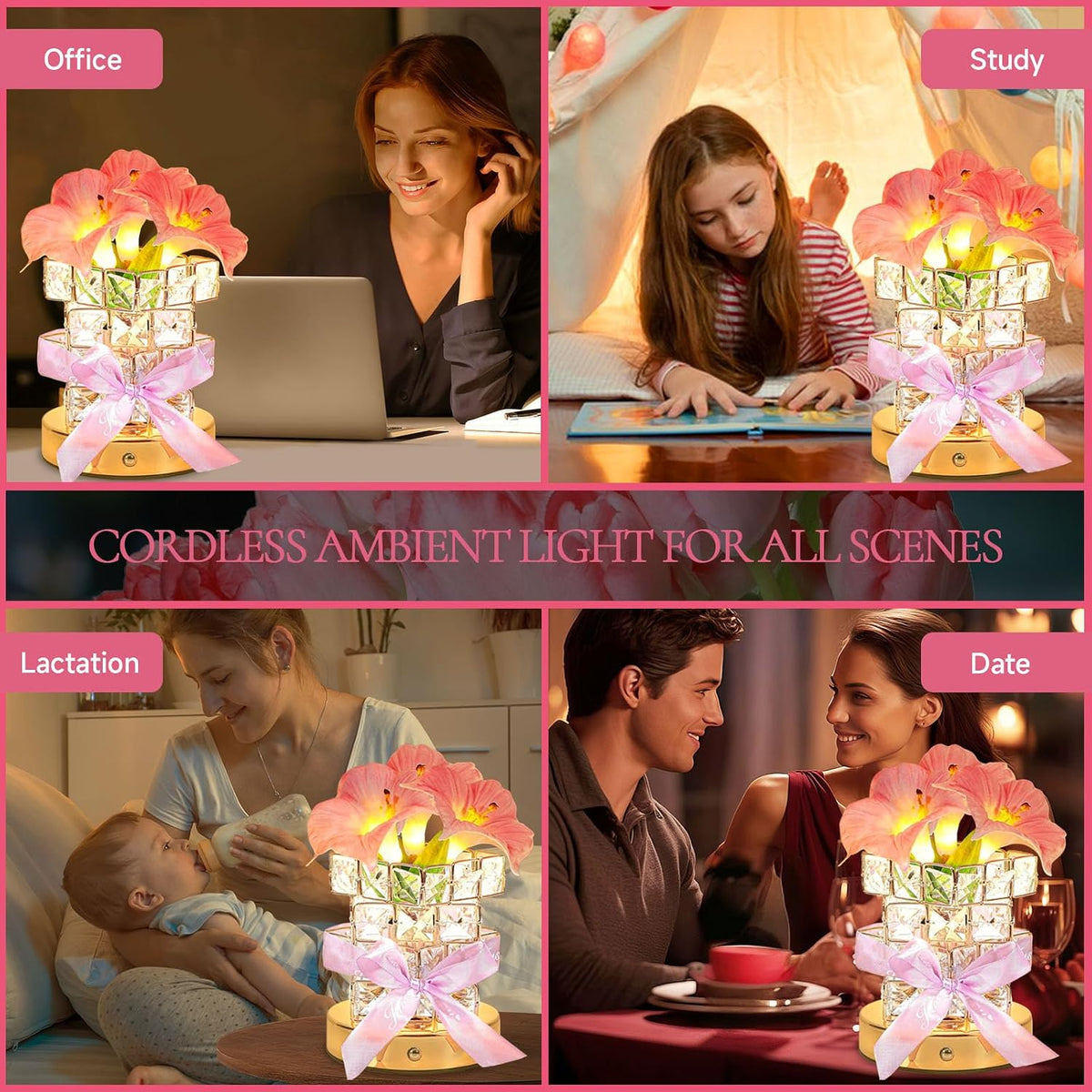 Flower Table Lamps, Rechargeable Cordless Crystal Night Light, 3 Colors Touch Dimming Artificial Flower Light, LED Flowers Bedside Lamp Romantic Gifts for Girl Women Mom (MF Morning Glory-Pink)